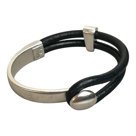 Erica Zap Platinum Plated Pewter Lasso Knob & Slide Black Leather Bracelet Mens - Picture 4 of 5
